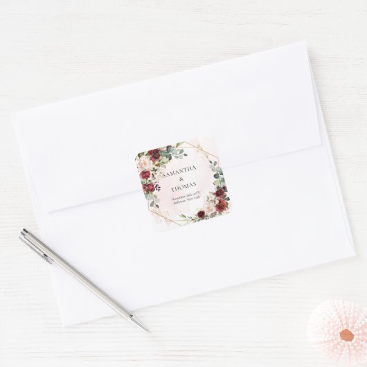 Boho bordeaux bloemengoud geometrische bruiloft vierkante sticker (Envelop)
