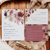 Boho bordeaux dahlia alles in één bruiloft uitnodi all in one uitnodiging