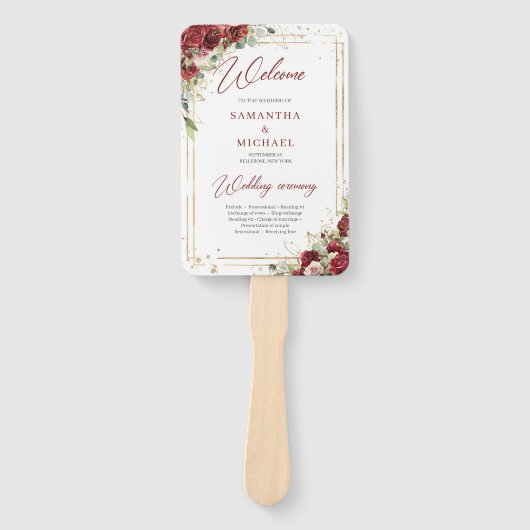 Boho bordeaux en blozen rozen eucalyptus programma handwaaier (Voorkant)