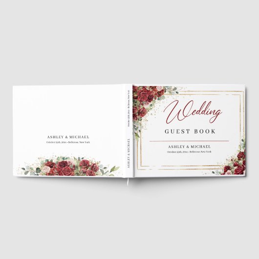 Boho bordeaux en blozen rozen gouden bruiloft gastenboek (Volledig)