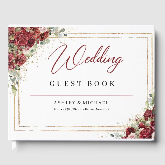 Boho bordeaux en blozen rozen gouden bruiloft gastenboek (Voorkant)