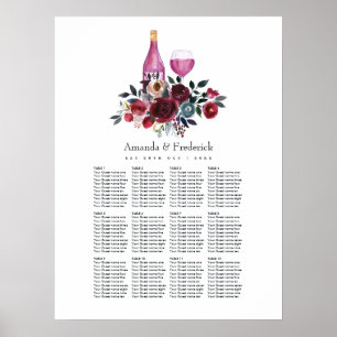 Boho bordeaux- en marineblauw zitplan voor wijnpro poster