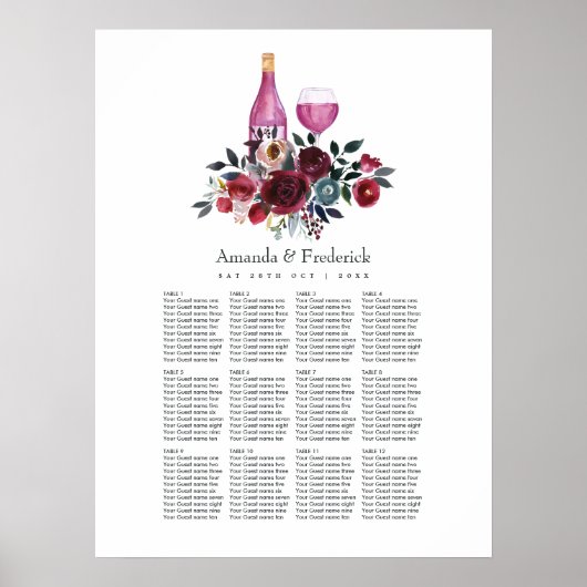 Boho bordeaux- en marineblauw zitplan voor wijnpro poster (Voorkant)