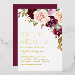 Boho-bordeaux en perzikbloemen Herfst Bruiloftsbor Folie Uitnodiging