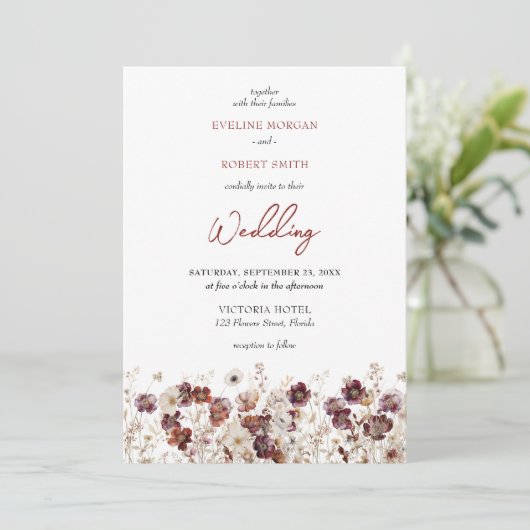 Boho bordeaux en terracotta wilde bloemen kaart (Staand voorkant)