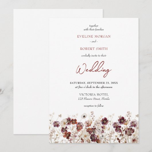 Boho bordeaux en terracotta wilde bloemen kaart (Voorkant / Achterkant)