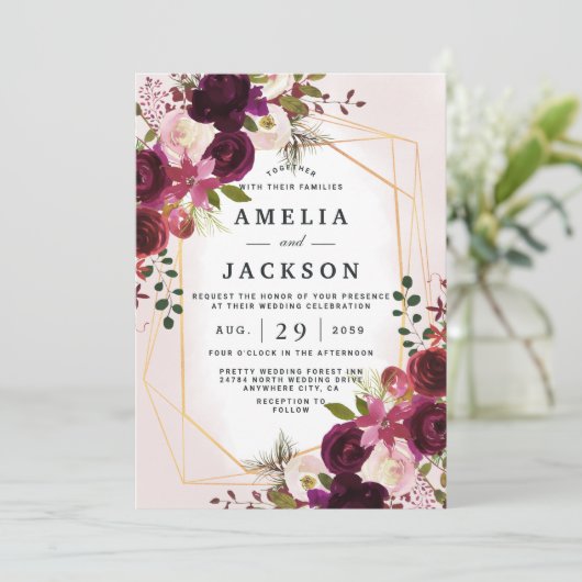 Boho Bordeaux Florals Geometrische uitnodiging (Staand voorkant)