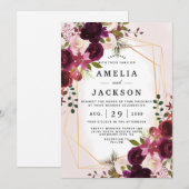 Boho Bordeaux Florals Geometrische uitnodiging (Voorkant / Achterkant)