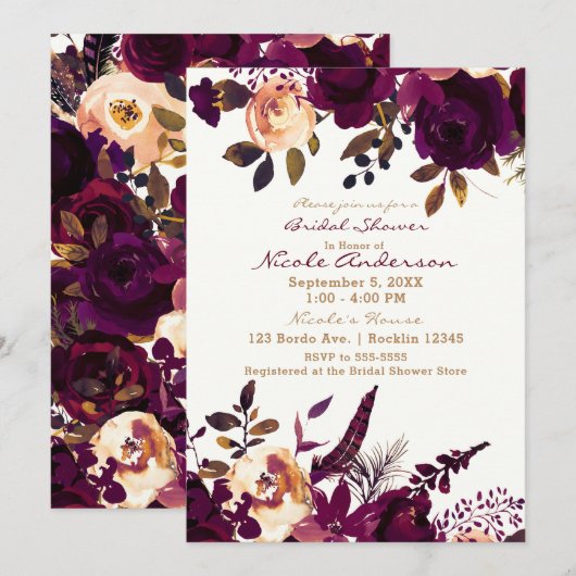 Boho Bordeaux Maroon Bloemrijke Bruidsdouche Herfs Kaart (Voorkant / Achterkant)