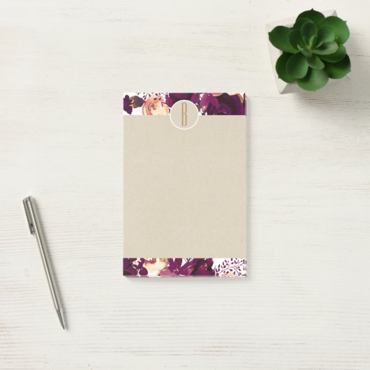Boho Bordeaux Marsala Bloemen Kraft Rustiek Monogr Post-it® Notes (Kantoor)