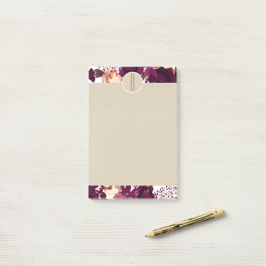 Boho Bordeaux Marsala Bloemen Kraft Rustiek Monogr Post-it® Notes (Op bureau)