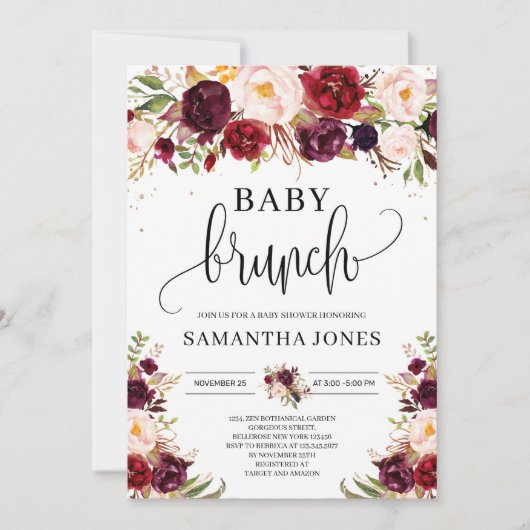 Boho bordeaux marsala floral gold baby brunch kaart (Voorkant)