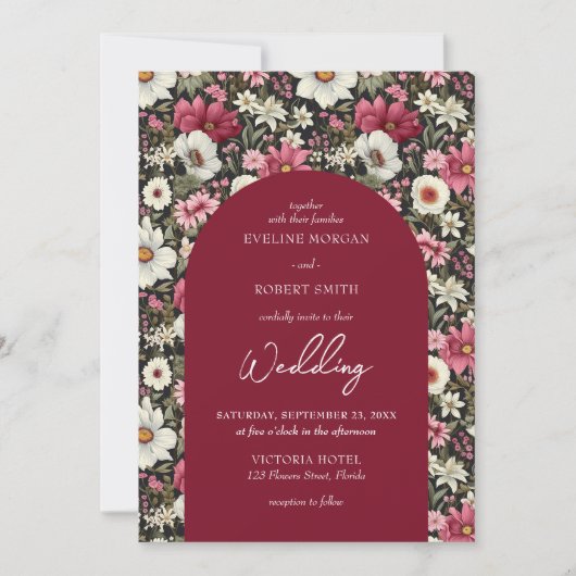 Boho bordeaux roze en witte wilde bloemen kaart (Voorkant)