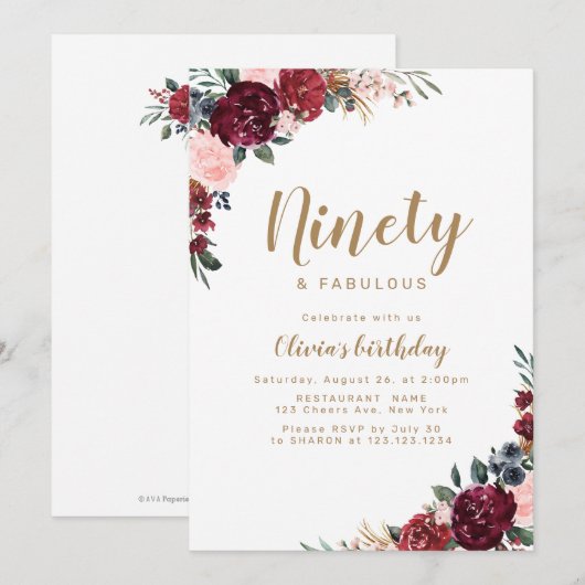 Boho bordeaux waterverf bloemen 90ste verjaardag kaart (Voorkant / Achterkant)