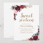 Boho bordeaux waterverf bloemenfeest 16e verjaarda kaart (Voorkant / Achterkant)