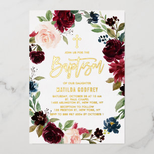 Boho bordeaux-waterverf bloemenkrans doopfeest folie uitnodiging