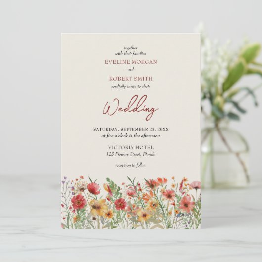 Boho bordeaux wilde bloemen herfstbruiloft kaart (Staand voorkant)