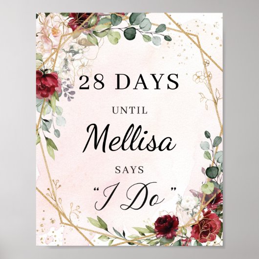 Boho bordeauxrode bloem gouden frame countdown bor poster (Voorkant)