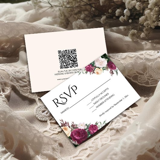 Boho-bordeauxrode bloemenbruiloft RSVP kaartje
