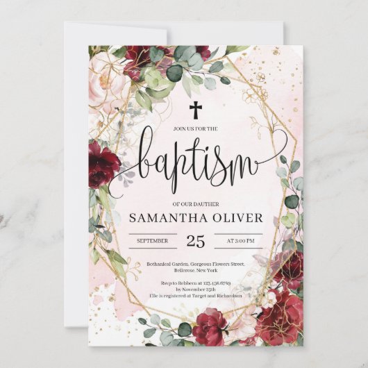 Boho bordeauxrood bloem goud geometrische doop kaart (Voorkant)