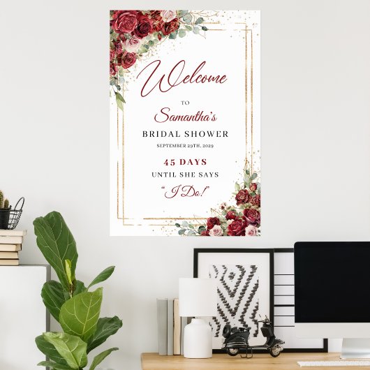 Boho bordeauxrood en blos Bridal Count down teken Poster (Thuiskantoor)