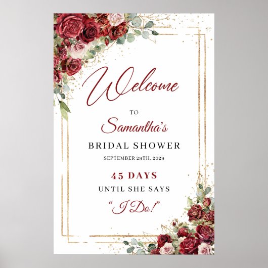 Boho bordeauxrood en blos Bridal Count down teken Poster (Voorkant)