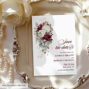 Boho bordeauxrood wit goud bloemen save the date k kaart