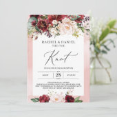 Boho bordeauxroze roze bloemige trouwen kaart (Staand voorkant)