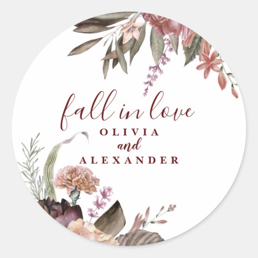 Boho bordeauxrozen verliefd bloem bruiloft ronde sticker (Voorkant)