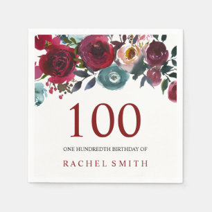 Boho Bordo Burgundy Red Flowers 100th Birthday Servetten