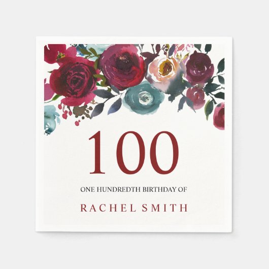Boho Bordo Burgundy Red Flowers 100th Birthday Servetten (Voorkant)