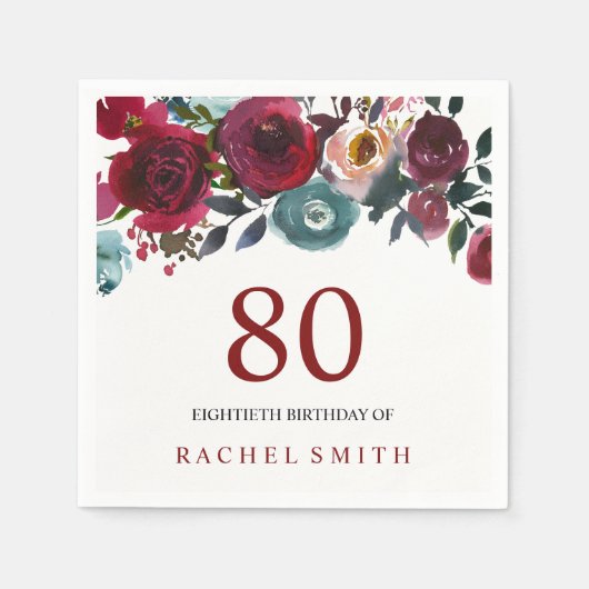 Boho Bordo Burgundy Red Flowers 80th Birthday Servetten (Voorkant)