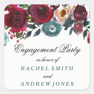 Boho Bordo Burgundy Red Flowers Engagement Party Vierkante Sticker