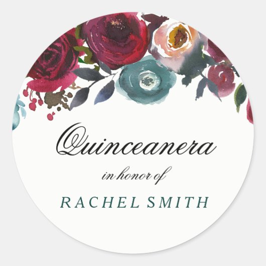 Boho Bordo Burgundy Red Flowers Quinceanera Ronde Sticker (Voorkant)