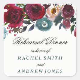 Boho Bordo Burgundy Red Flowers Rehearsal Dinner Vierkante Sticker