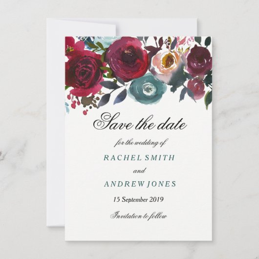 Boho Bordo Burgundy Red Flowers Sla de datum op Save The Date (Voorkant)