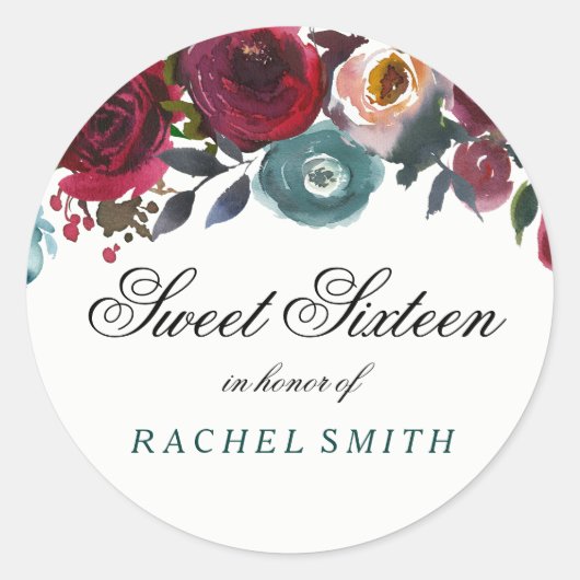 Boho Bordo Burgundy Red Flowers Sweet 16 Ronde Sticker (Voorkant)