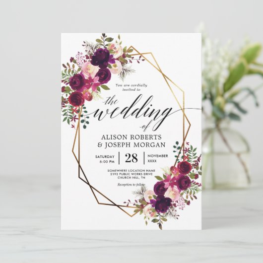 Boho bordo geometrische bruiloft uitnodiging (Staand voorkant)