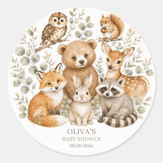 Boho bosdieren baby shower ronde sticker (Voorkant)