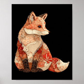 Boho bosland vos patchwork bloemig herfst folk poster
