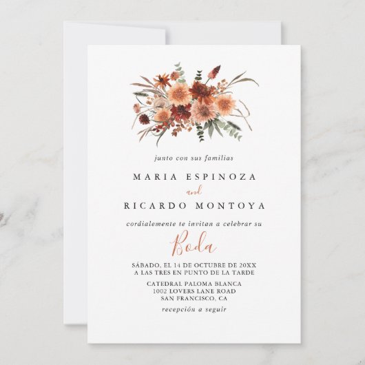 Boho Botanical Autumn Floral Spain Wedding Kaart (Voorkant)