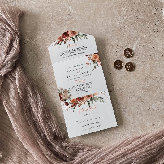 Boho Botanical Autumn Floral Wedding All In One Uitnodiging