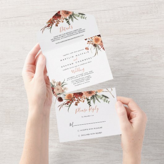 Boho Botanical Autumn Floral Wedding All In One Uitnodiging (Afscheurbaar)
