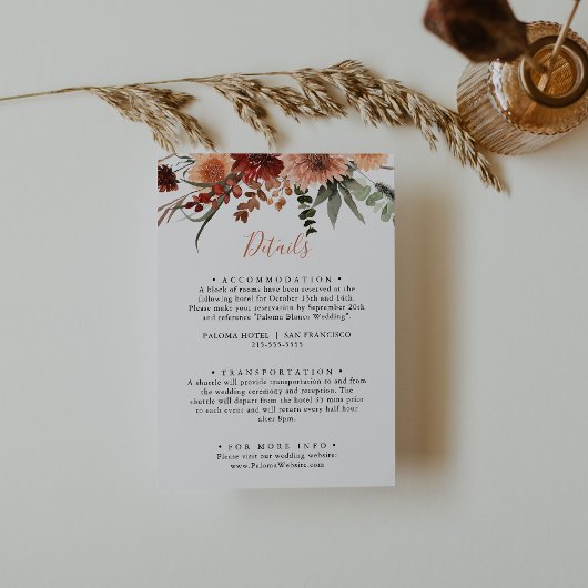 Boho Botanical Autumn Floral Wedding Details Informatiekaartje