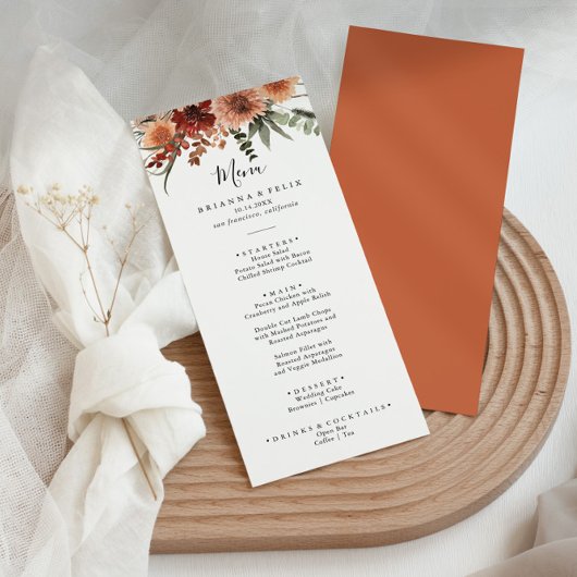 Boho Botanical Autumn Floral Wedding Dinner Menu