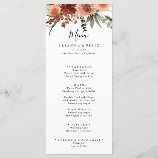 Boho Botanical Autumn Floral Wedding Dinner Menu (Voorkant)