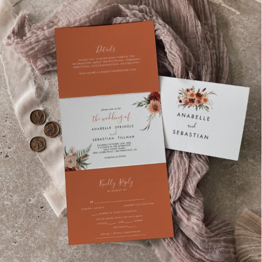Boho Botanical Autumn Floral Wedding Drieluik Uitnodiging