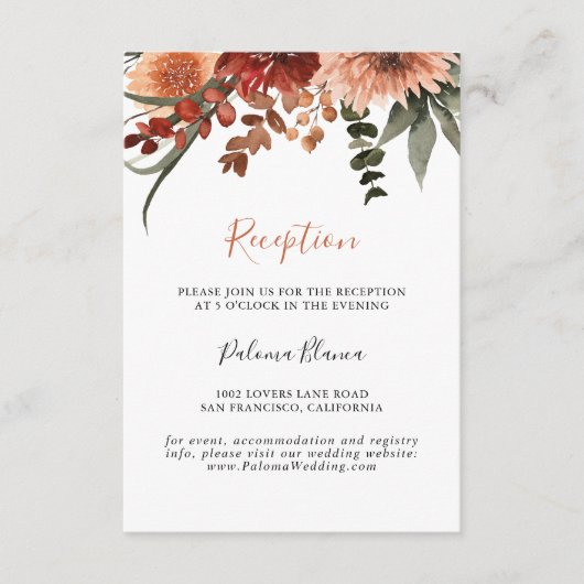Boho Botanical Autumn Floral Wedding Reception Informatiekaartje (Voorkant)