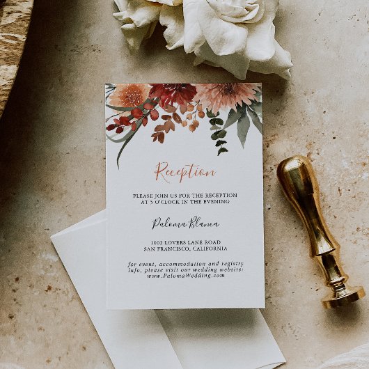 Boho Botanical Autumn Floral Wedding Reception Informatiekaartje