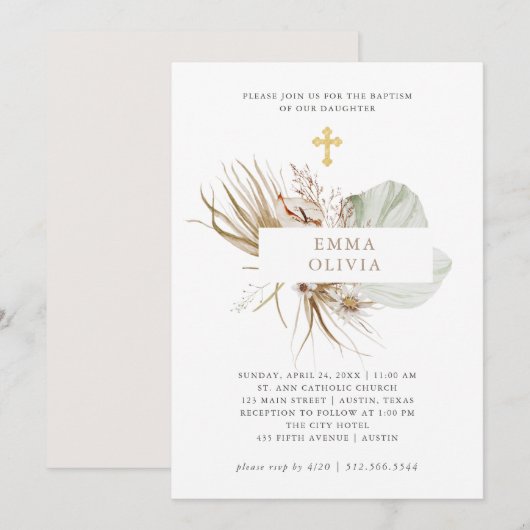 Boho Botanical | Baptisme met Gold Cross Kaart (Voorkant / Achterkant)